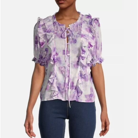 FOR LOVE & LEMONS Zinnia Lilac Floral Ruffled Blouse Romantic Spring Chiffon - S - Picture 9 of 13